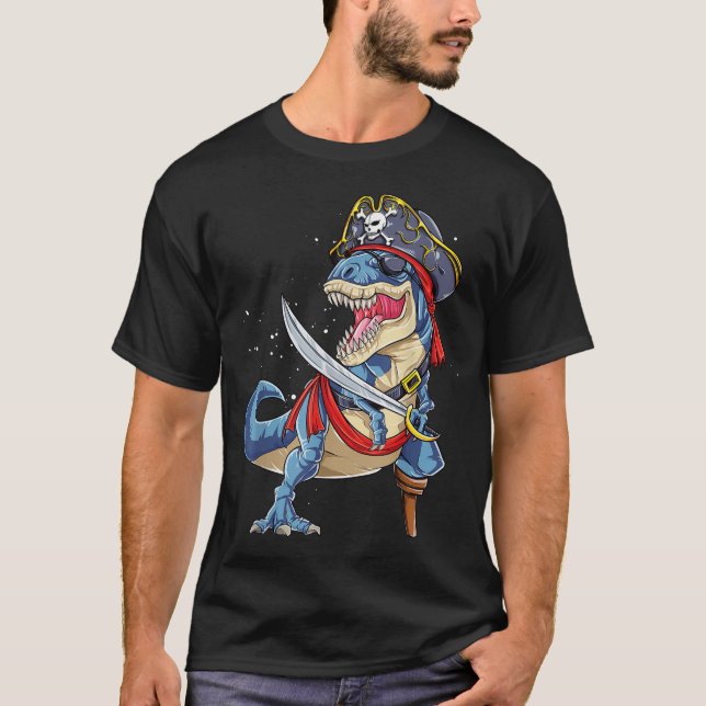 Dinosaur T Rex Pirate Piratenflagge Halloween T-Shirt (Vorderseite)