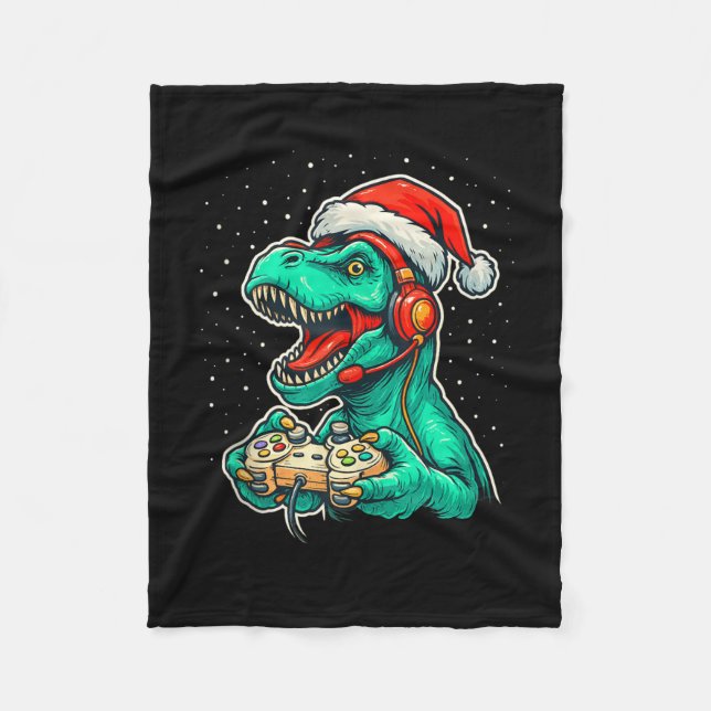 Dinosaur T Rex Playing Video Game Santa Hat Christ Fleecedecke (Vorderseite)
