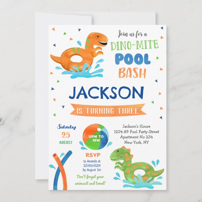 Dinosaur T-rex Pool Party Anniversaire Invitations (Devant)