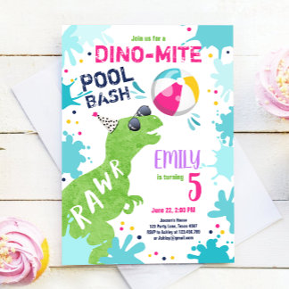 Dinosaur T-Rex Pool Party Girl Pink Geburtstag Einladung
