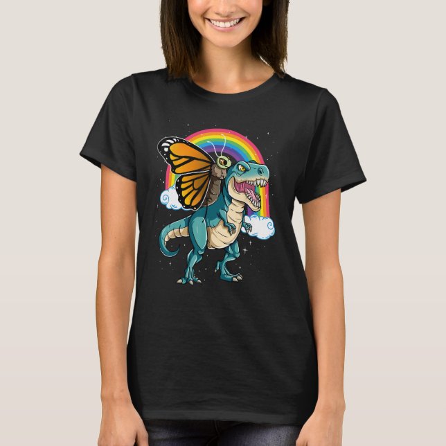 Dinosaur T Rex Rainbow Butterfly Insekten T-Shirt (Vorderseite)