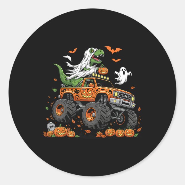 Dinosaur T-rex Riding Monster Truck Halloween Männ Runder Aufkleber (Vorderseite)