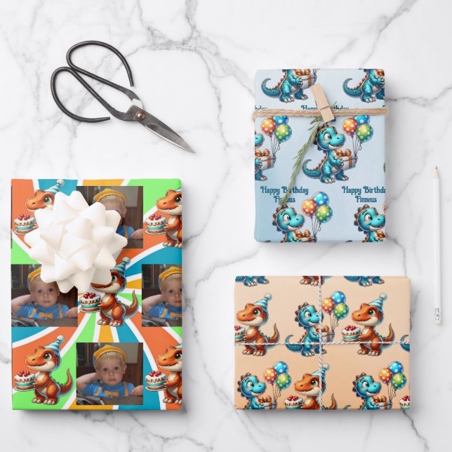 Dinosaur T-rex zum Thema Personalisierter Geburtst Geschenkpapier Set (Vorderseite)