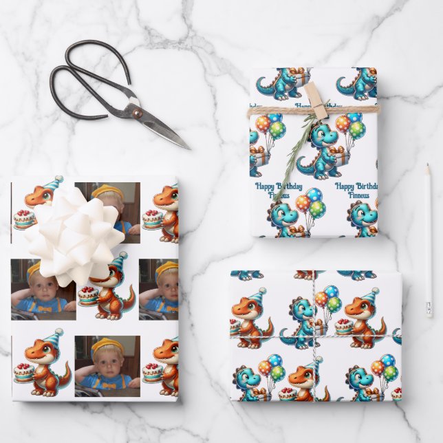 Dinosaur T-rex zum Thema Personalisierter Geburtst Geschenkpapier Set (Vorderseite)