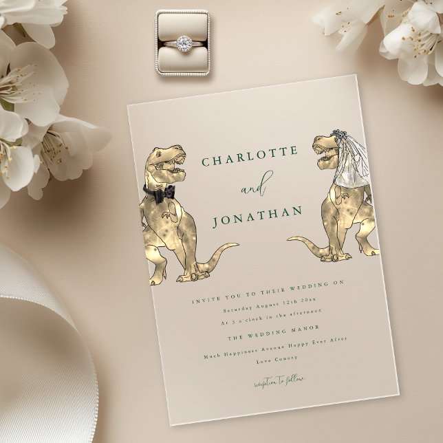 Dinosaur Thema Grüne Hochzeit Acryleinladungen (Dinosaur theme wedding dark green modern elegant typography acrylic invitation T-Rex bride and groom)