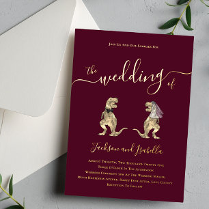 Dinosaur-Thema Hochzeit Burgund und Gold Folieneinladung