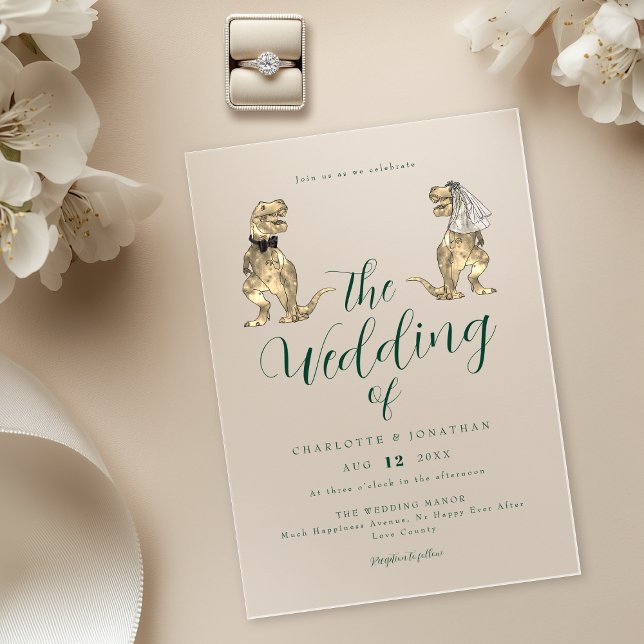 Dinosaur Thema Hochzeit Grün Acryleinladungen (Dinosaur theme wedding dark green modern elegant script acrylic invitation T-Rex dino bride & groom)