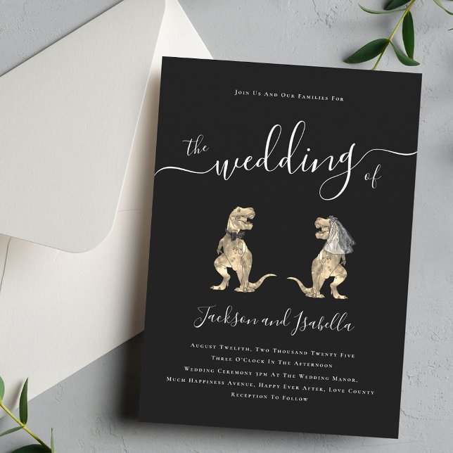 Dinosaur Thema Hochzeit Schwarz-Weiß Einladung (Black and white dinosaur theme wedding invitation modern Elegant script T-Rex dino bride and groom)