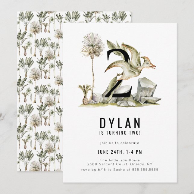 Dinosaur Thème 2ème anniversaire Fête Invitation (Devant / Derrière)