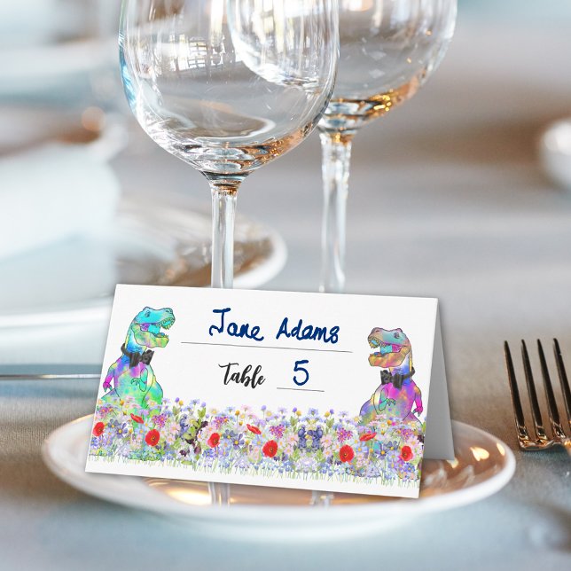 Dinosaur Theme Gay Wedding Wildflower Platzkarte (Dinosaur 2 grooms wildflower gay wedding name Place cards Colorful T-Rex dino Jurassic wedding)