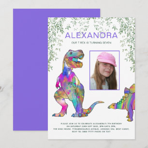Dinosaur Theme Girls Geburtstagsfeier Foto Lila Einladung