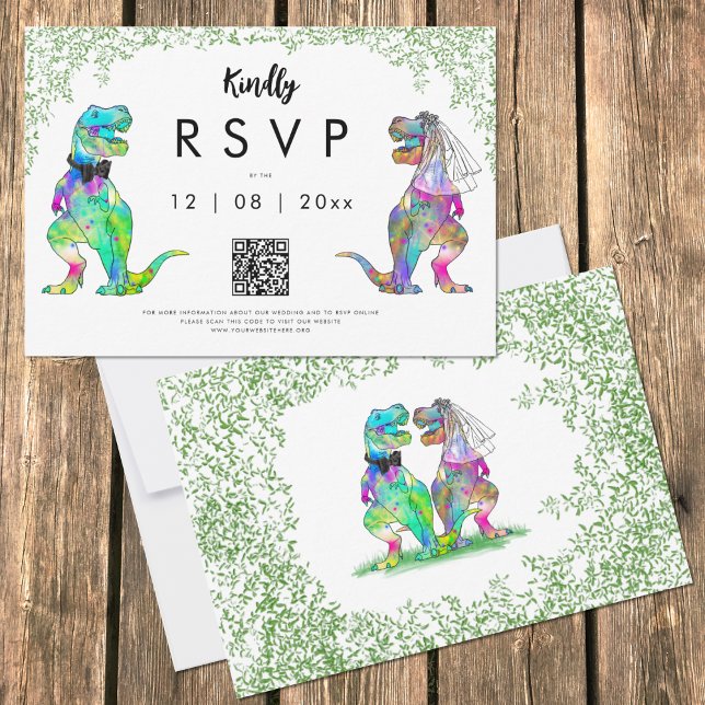 Dinosaur Thème Mariage Code QR Réponse (Funny Dinosaur Wedding rsvp with T-Rex bride and groom and jungle foliage)