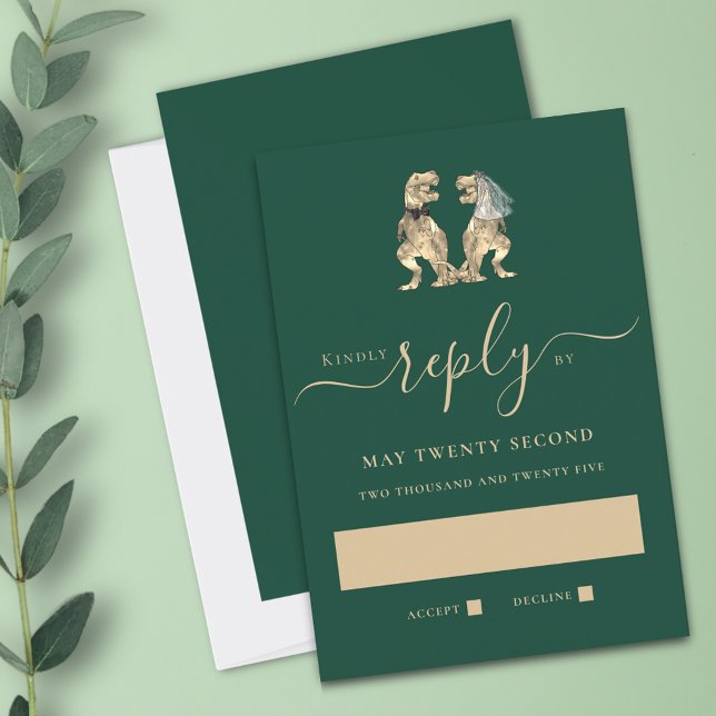 Dinosaur Thème Mariage Green Réponse (Dinosaur theme wedding RSVP dark green card Funny T-Rex dino bride and groom modern elegant script)