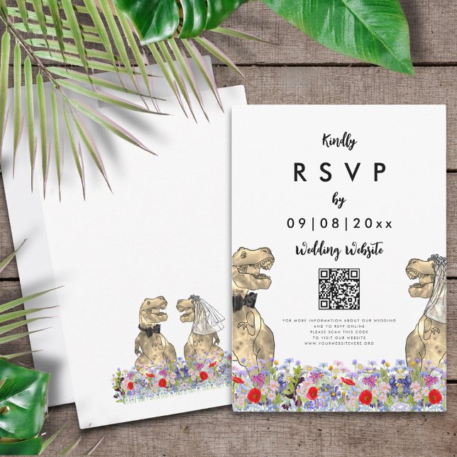 Dinosaur Thème Mariage Réponse Code QR (T-Rex bride and groom dinosaur wedding website QR code RSVP enclosure card )
