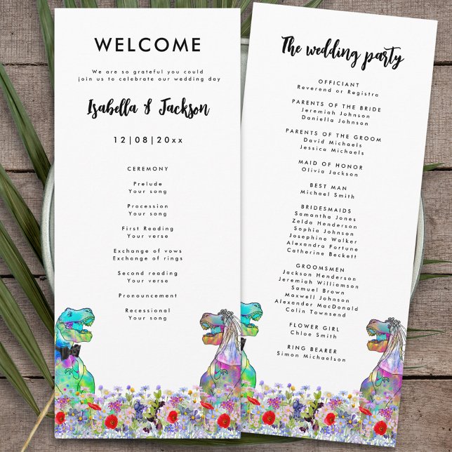 Dinosaur Thème Programme de jour de mariage (Dinosaur wedding colorful T-Rex bride and groom and wildflowers day of the wedding program )