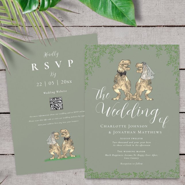Dinosaur Theme Sage Green Wedding QR Code Einladung (Sage green T-Rex bride and groom dinosaur wedding invitation with rsvp qr code)