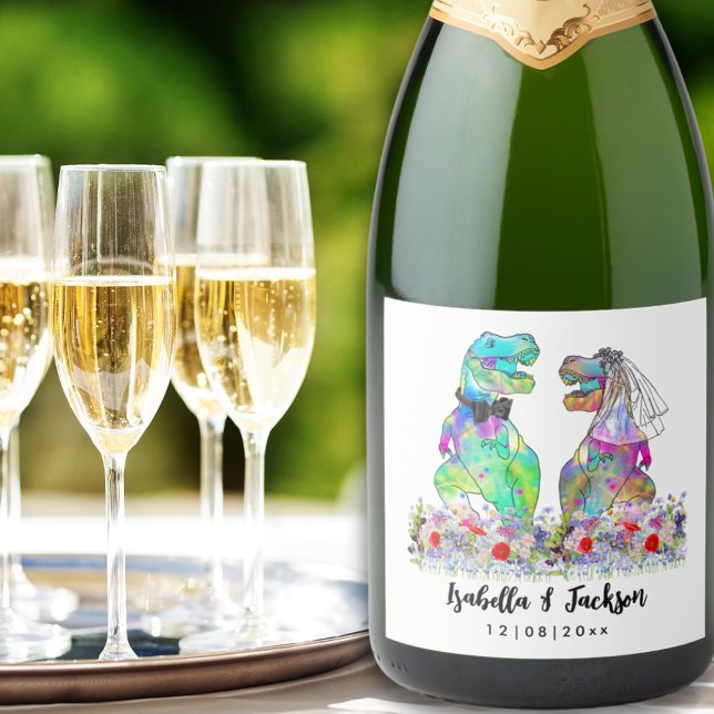 Dinosaur Theme Wedding (Dinosaur bride and groom floral funny dino wedding personalized sparkling wine label)