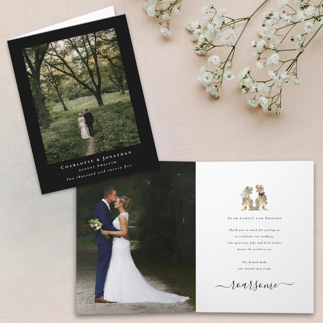 Dinosaur Theme Wedding 2 Foto Vielen Dank Dankeskarte (Dinosaur theme elegant black and white wedding 2 photo thank you card fun T-Rex dino bride and groom)