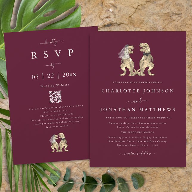 Dinosaur Theme Wedding Burgundy Cream QR Code Einladung (Dinosaur theme wedding burgundy cream qr code invitation T-Rex dino bride and groom elegant modern)
