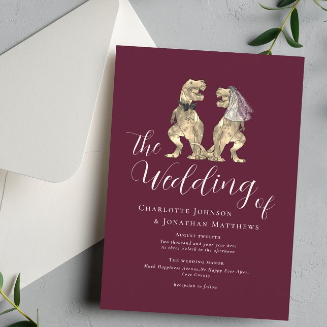 Dinosaur Theme Wedding Burgundy Elvory Cream Einladung (Dinosaur theme wedding burgundy ivory cream elegant modern script T-Rex bride and groom)