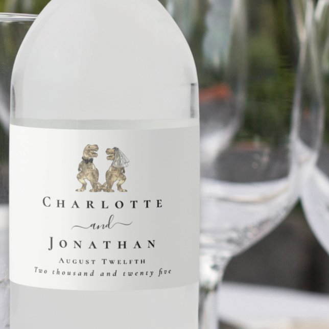 Dinosaur Theme Wedding Custom (Dinosaur theme wedding custom water bottle labels modern Elegant script T-Rex bride and groom)