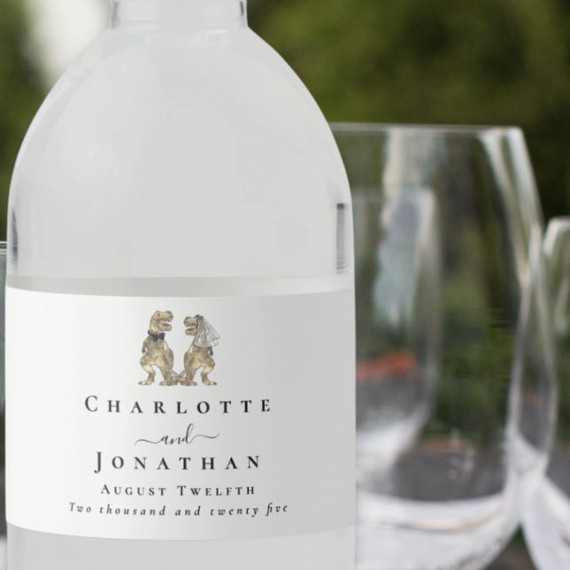 Dinosaur Theme Wedding Custom (Dinosaur wedding personalized big water bottle labels modern Elegant script T-Rex bride and groom)