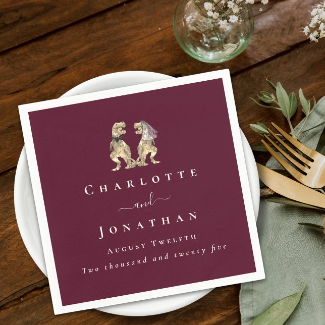 Dinosaur Theme Wedding Custom Burgundy Cream Serviette (Dinosaur theme wedding burgundy and ivory cream custom napkins T-Rex bride and groom elegant script)