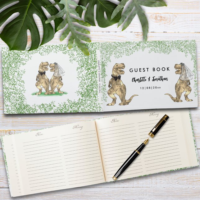 Dinosaur Theme Wedding Custom Gästebuch (Dinosaur themed wedding guest book with funny T-Rex bride and groom and Jurassic jungle foliage )