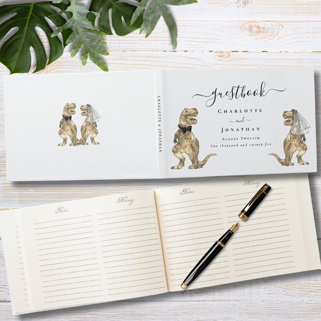 Dinosaur Theme Wedding Custom Gästebuch (Dinosaur themed wedding T-Rex bride and groom custom guest book keepsake )