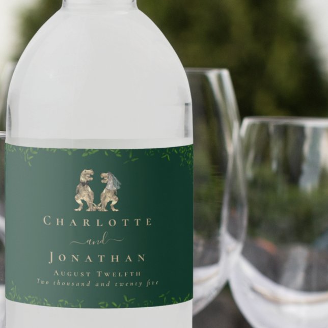 Dinosaur Theme Wedding Dark Green (dark green Dinosaur theme wedding personalized water bottle labels T-Rex dino bride and groom )