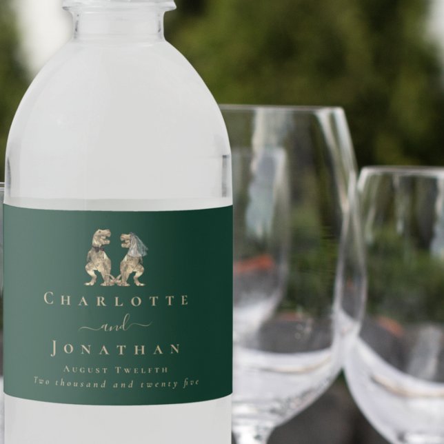 Dinosaur Theme Wedding Dark Green (dark green Dinosaur wedding personalized water bottle labels Modern elegant script)