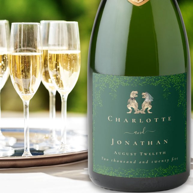 Dinosaur Theme Wedding Dark Green (Dinosaur themed wedding T-Rex bride & groom eucalyptus foliage custom sparkling wine bottle label)