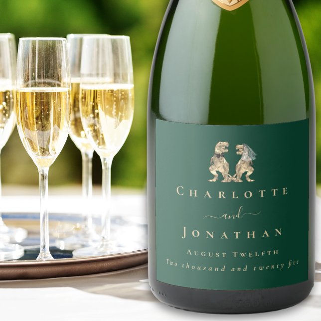 Dinosaur Theme Wedding Dark Green (Dinosaur themed wedding T-Rex bride and groom dino dark green custom sparkling wine bottle label)