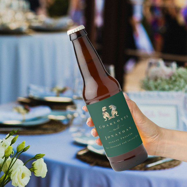 Dinosaur Theme Wedding Dark Green Bierflaschenetikett (Dinosaur wedding dark green custom beer labels modern T-Rex bride and groom dino Jurassic wedding)