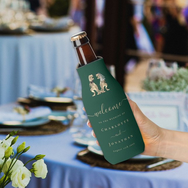 Dinosaur Theme Wedding Dark Green Flaschenkühler (Dinosaur wedding dark green custom beer bottle cooler funny T-Rex Jurassic dino bride and groom )