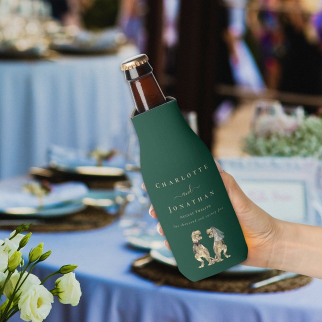 Dinosaur Theme Wedding Dark Green Flaschenkühler (Dinosaur theme wedding dark green personalized beer bottle cooler funny T-Rex dino bride & groom)
