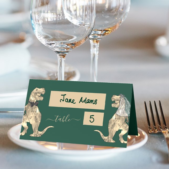 Dinosaur Theme Wedding Dark Green Platzkarte (Dinosaur wedding dark green table place cards T-Rex dino bride and groom Jurassic wedding )