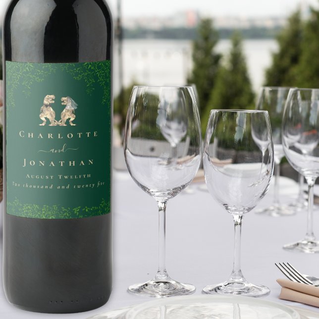 Dinosaur Theme Wedding Dark Green Weinetikett (T-Rex bride and groom dinosaur wedding dark green custom wine labels Watercolor eucalyptus foliage )