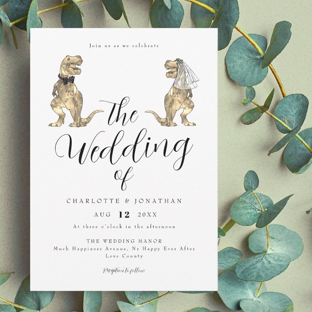 Dinosaur Theme Wedding  Einladung (Dinosaur theme wedding elegant modern script invitation funny T-Rex dino bride and groom)