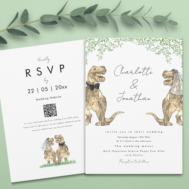 Dinosaur Theme Wedding Einladung (Boho botanical dinosaur wedding invitation with qr code)