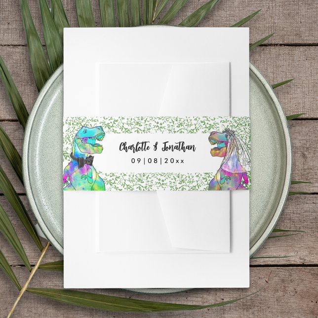 Dinosaur Theme Wedding Einladungsbanderole (Colorful T-Rex bride and groom dinosaur wedding custom wedding belly bands)