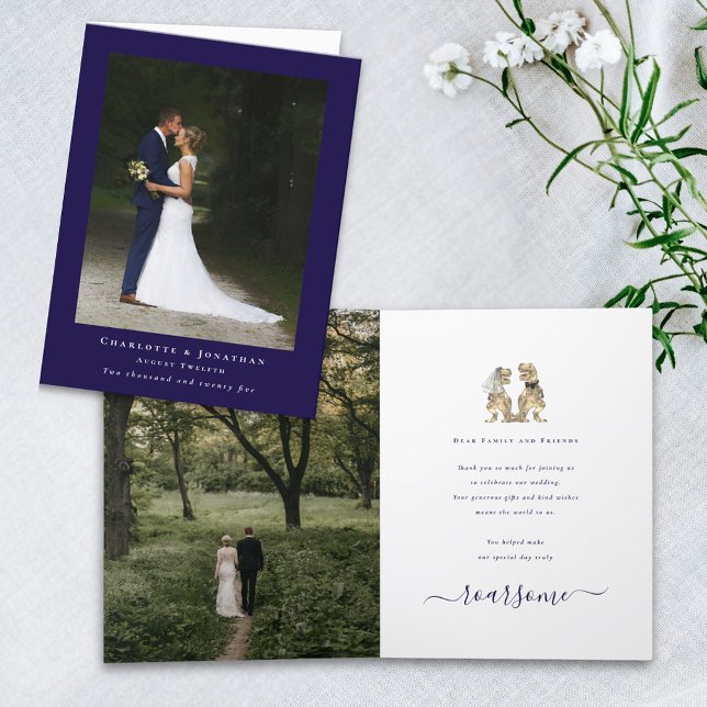 Dinosaur Theme Wedding Foto Navy Blue White Dankeskarte (Dinosaur theme wedding photo thank you navy blue folded card T-Rex dino bride and groom elegant )