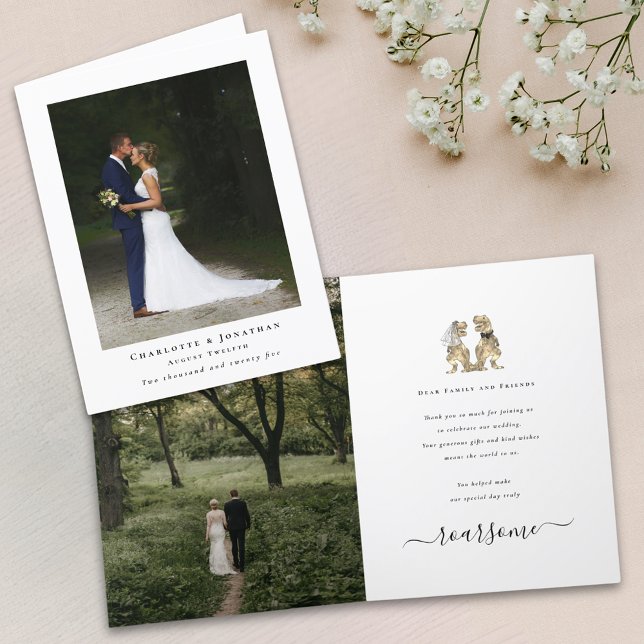 Dinosaur Theme Wedding Foto Vielen Dank Dankeskarte (2 photo Dinosaur theme wedding thank you card T-Rex dino bride and groom personalized message)