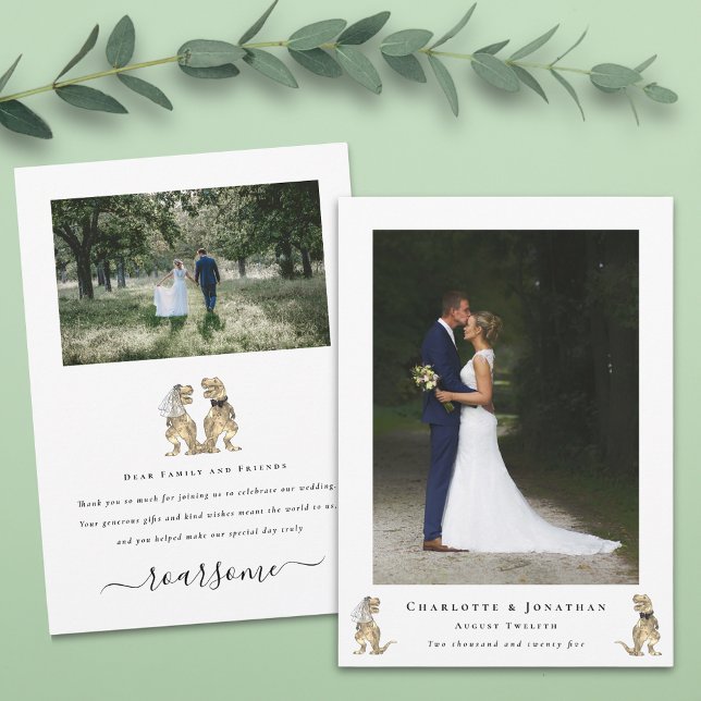 Dinosaur Theme Wedding Foto Vielen Dank Dankeskarte (Dinosaur wedding photo thank you card 2 photograph Funny T-Rex bride and groom elegant modern script)
