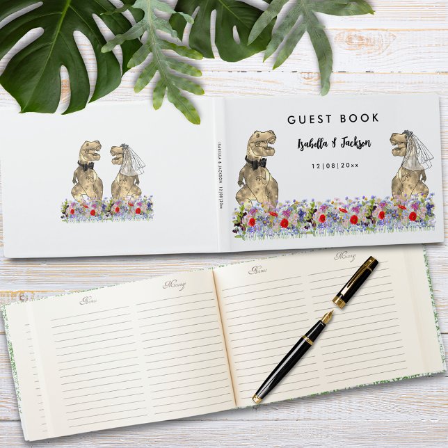 Dinosaur Theme Wedding Gästebuch (Fun dinosaur themed wedding T-Rex bride and groom floral custom wedding guest book)