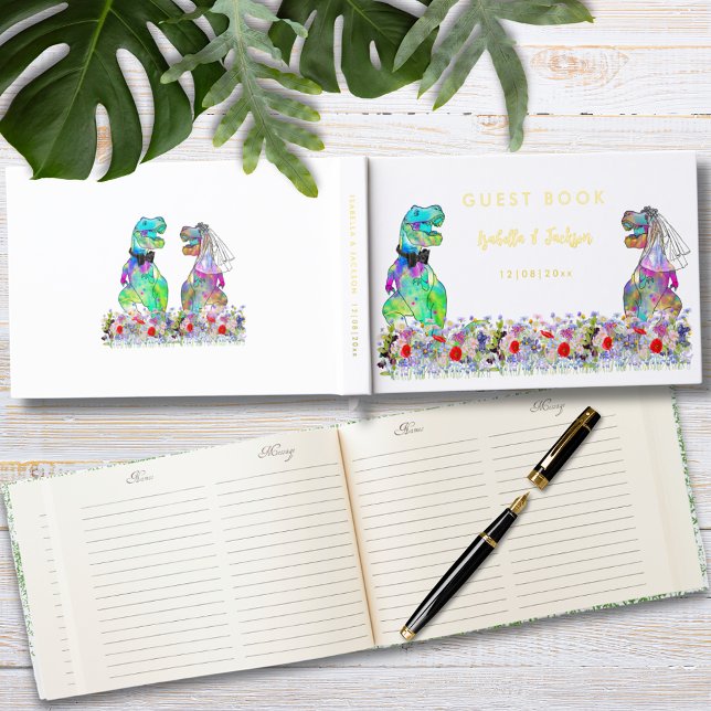 Dinosaur Theme Wedding Gold Gästebuch (Dinosaur bride and groom colorful floral dinosaur wedding gold foil guest book)