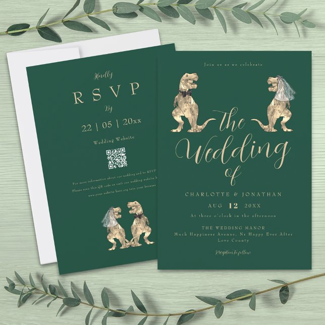 Dinosaur Theme Wedding Green Einladung (Dinosaur theme wedding dark green QR code invitation funny T-Rex dino Bride & groom elegant script )