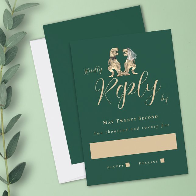 Dinosaur Theme Wedding Green RSVP Karte (Dinosaur wedding dark green invitation RSVP T-Rex dino bride and groom elegant modern script )