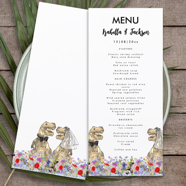 Dinosaur Theme Wedding Menu Menükarte (Fun dinosaur themed wedding menu with T-Rex bride and groom in a colorful wildflower meadow )
