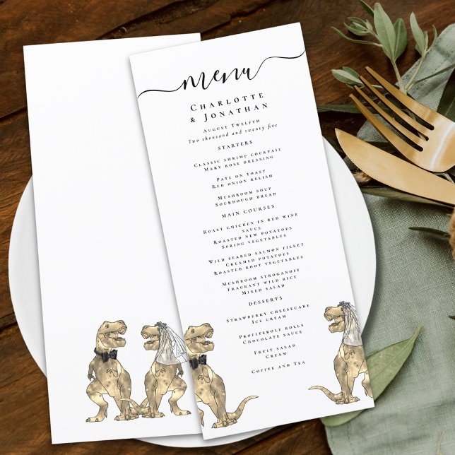 Dinosaur Theme Wedding Menu Menükarte (Dinosaur theme wedding menu funny T-Rex bride and groom dino elegant modern script)